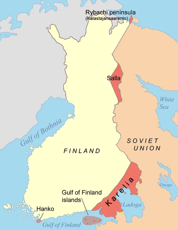 Map of the Finnish territory ceded to the Soviet Union in 1940, shown in red: Karelia, part of Salla, the Rybachy Peninsula, the Gulf islands, and leased Hanko. A modern reference map. - Map: Jniemenmaa, via Wikimedia Commons (CC BY-SA 3.0)