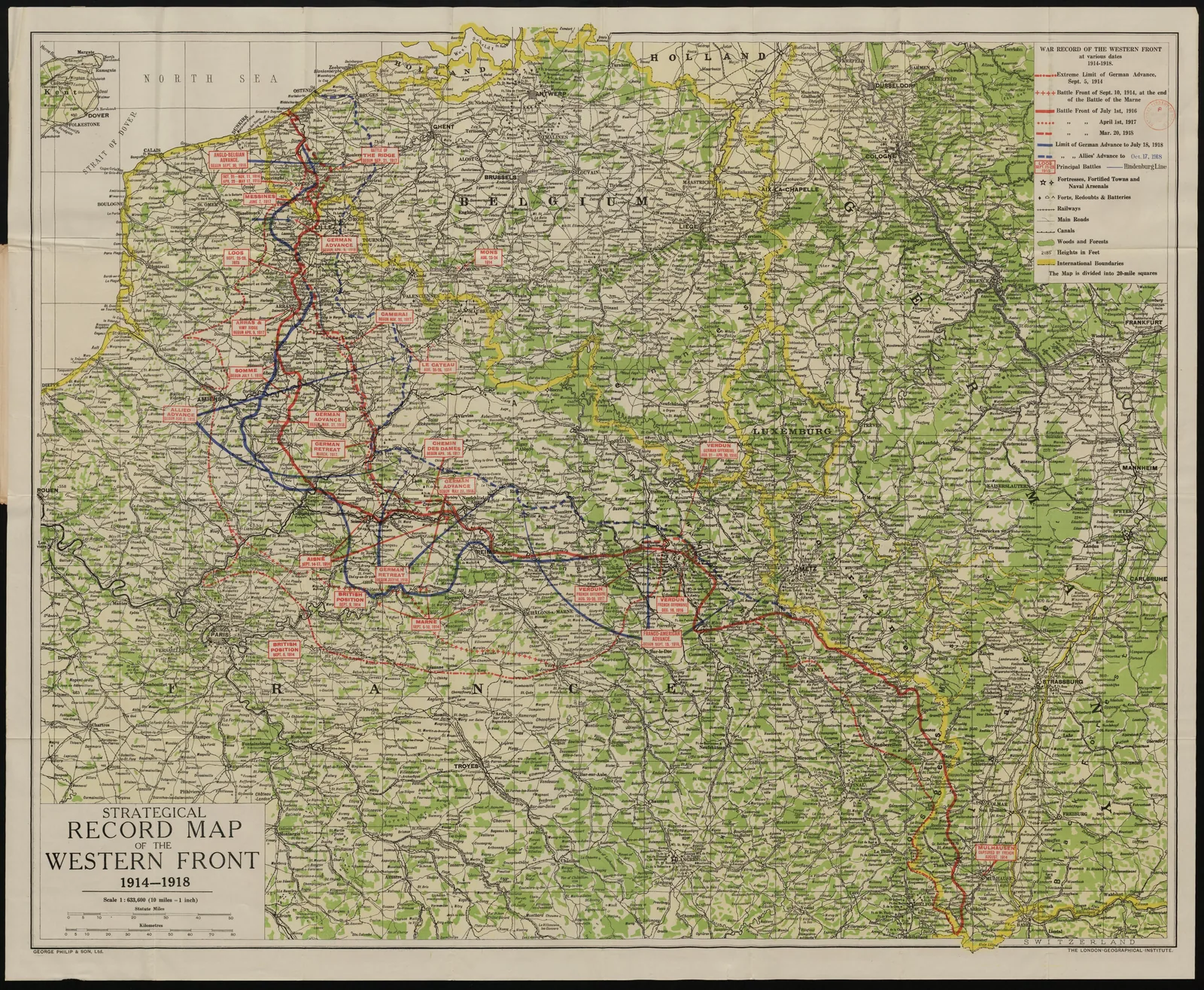 Archival British strategical record map of the Western Front, 1914-1918. - Map: George Philip & Son / London Geographical Institute (public domain)