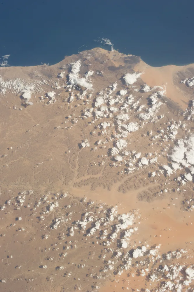 Yemen's southern coastline on the Gulf of Aden, photographed from the International Space Station (file photo, 2013). Shabwa province overlooks this coast. This photo does not depict any event reported in this article.